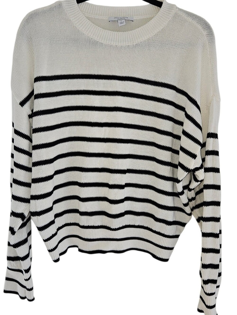 Ann Taylor Weekend Striped Crew Neck Knit Sweater - XL White / Black